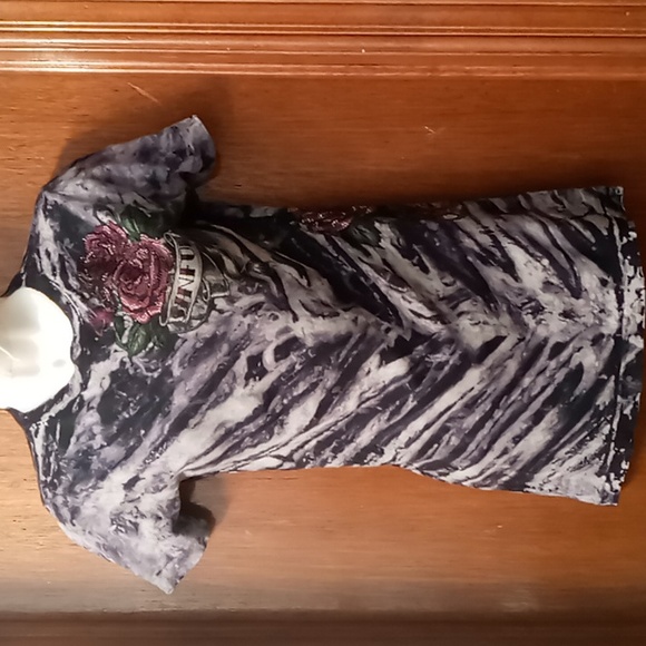 Sinful Black /White Print With Pink Roses and Skull Small Size Stretchy - Picture 1 of 14